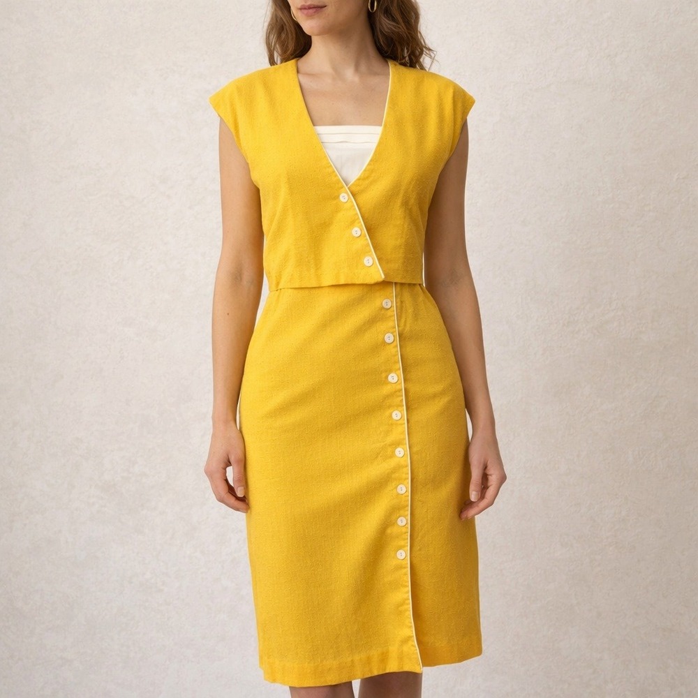 Vintage 80s Trivia Charms Hollywood Yellow White Two Piece Dress Jacket Set